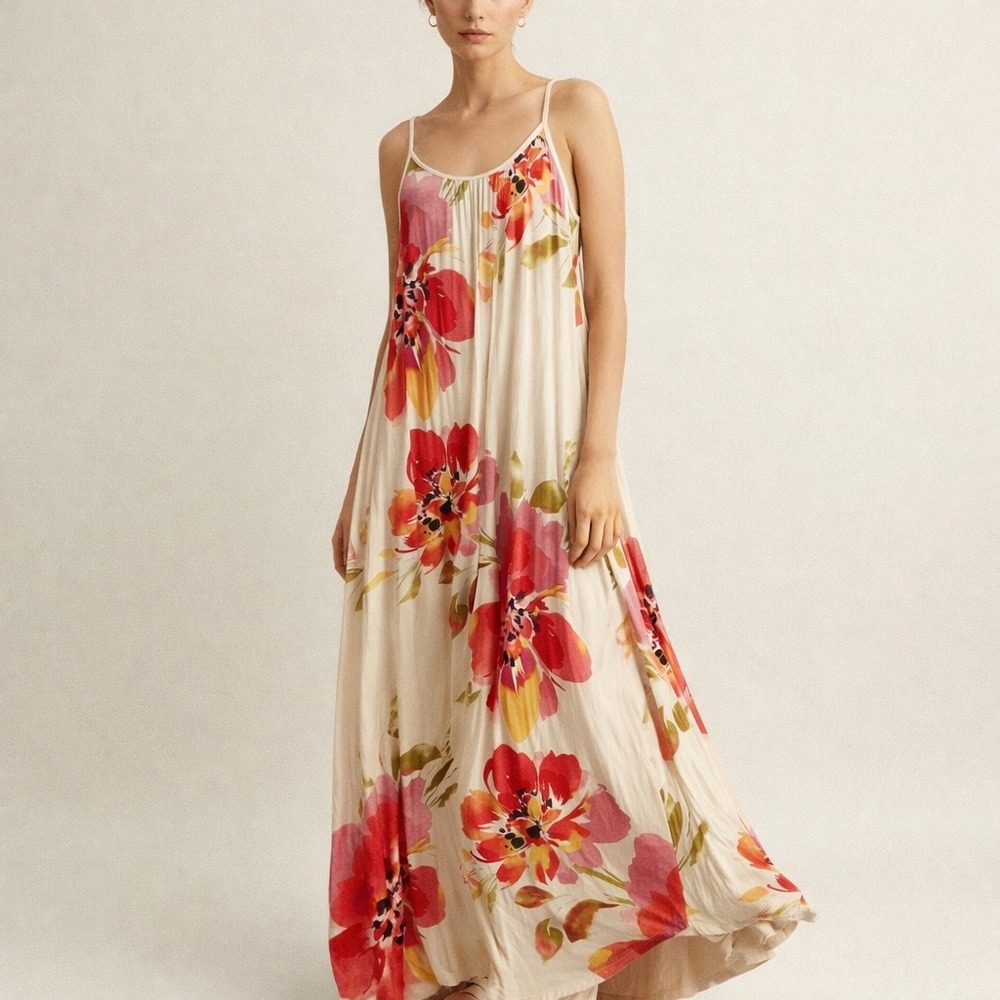 .Luna hibiscus Floral Flowy Maxi‎ Dress M White Red Spaghetti Strap Boho Summer
